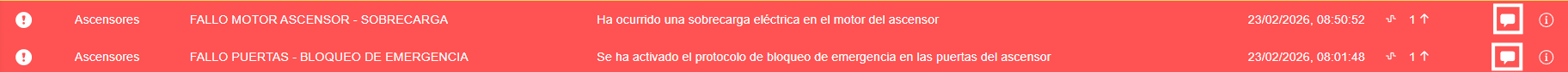 Icono alarma con comentario en la interfaz gráfica de Dragsa