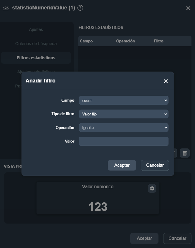 Modal de creación de filtros estadísticos en el elemento indicador numérico estadístico del módulo paneles de Dragsa