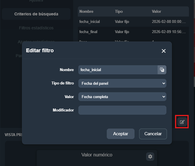 Modal de edición de un criterio de búsqueda en el elemento indicador numérico estadístico del módulo paneles de Dragsa