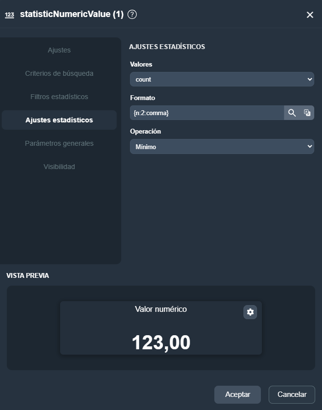 Vista de la pestaña Ajustes estadísticos del elemento indicador numérico estadístico en el módulo paneles de Dragsa