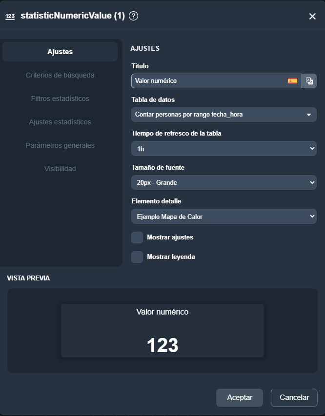 Vista de la pestaña Ajustes del elemento indicador numérico estadístico en el módulo paneles de Dragsa