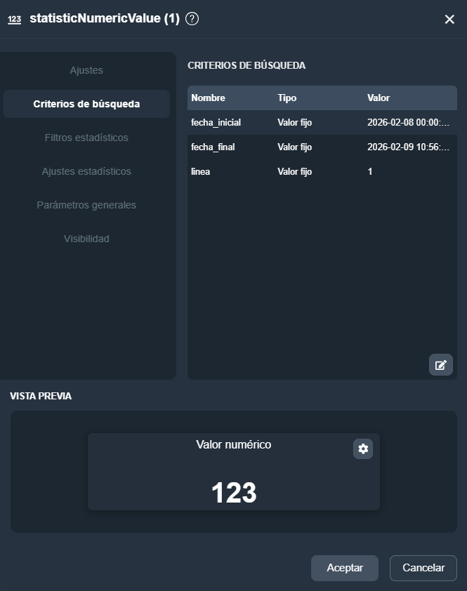 Vista de la pestaña Criterios de búsqueda del elemento indicador numérico estadístico en el módulo paneles de Dragsa