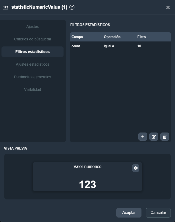 Vista de la pestaña Filtros estadísticos del elemento indicador numérico estadístico en el módulo paneles de Dragsa
