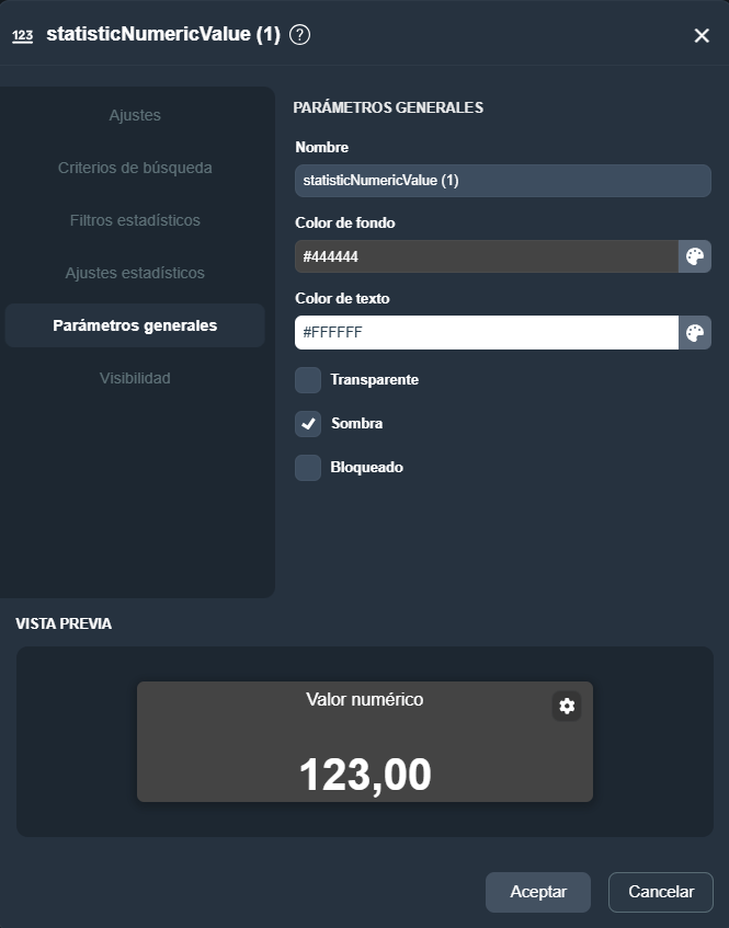 Vista de la pestaña Parámetros generales del elemento indicador numérico estadístico en el módulo paneles de Dragsa