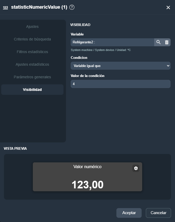 Vista de la pestaña Visibilidad del elemento indicador numérico estadístico en el módulo paneles de Dragsa