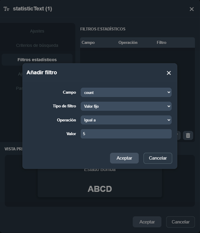 Modal de creación o edición de filtros estadísticos en el elemento indicador texto estadístico del módulo paneles de Dragsa