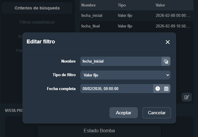 Modal de edición de un criterio de búsqueda en el elemento indicador texto estadístico del módulo paneles de Dragsa