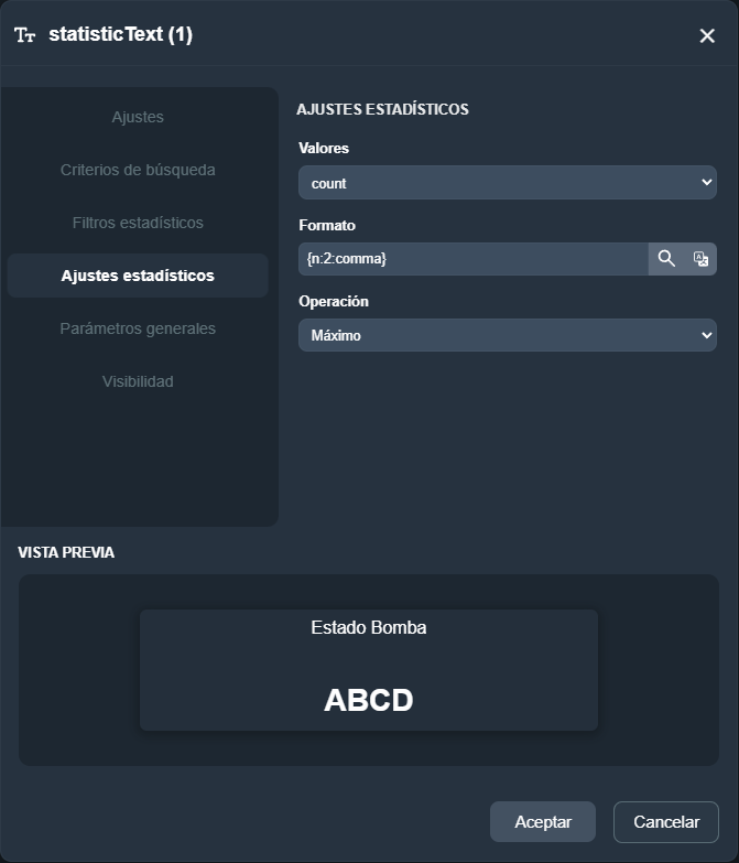 Vista de la pestaña Ajustes estadísticos del elemento indicador texto estadístico en el módulo paneles de Dragsa