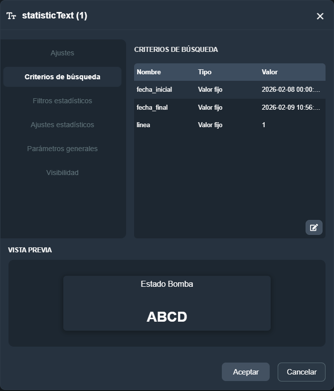 Vista de la pestaña Criterios de búsqueda del elemento indicador texto estadístico en el módulo paneles de Dragsa