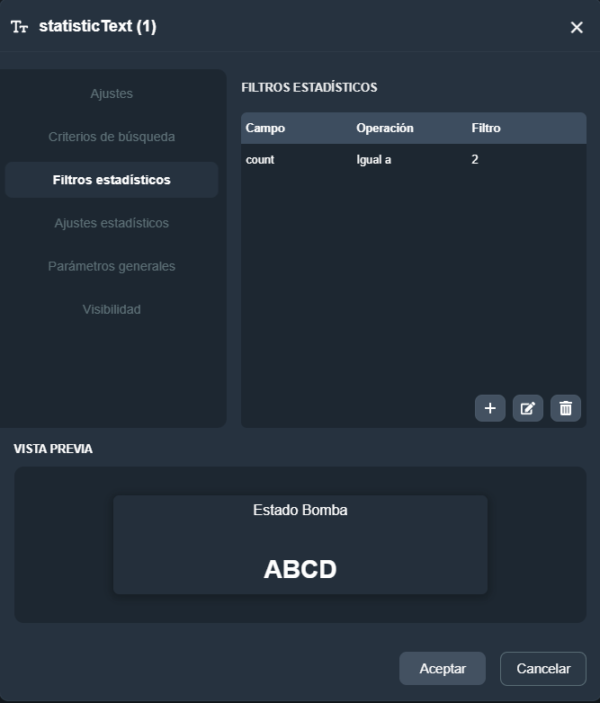 Vista de la pestaña Filtros estadísticos del elemento indicador texto estadístico en el módulo paneles de Dragsa