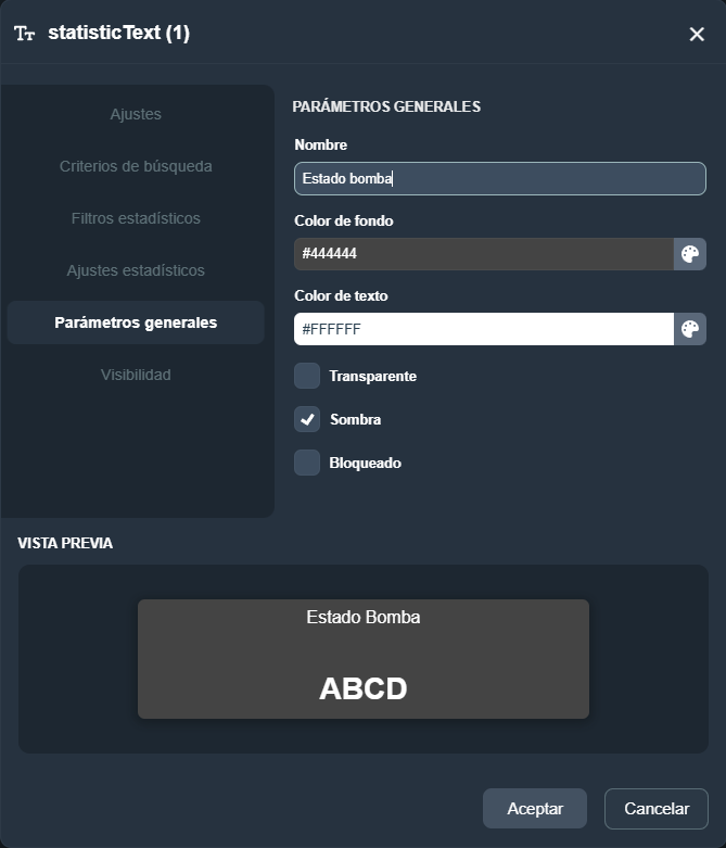 Vista de la pestaña Parámetros generales del elemento indicador texto estadístico en el módulo paneles de Dragsa