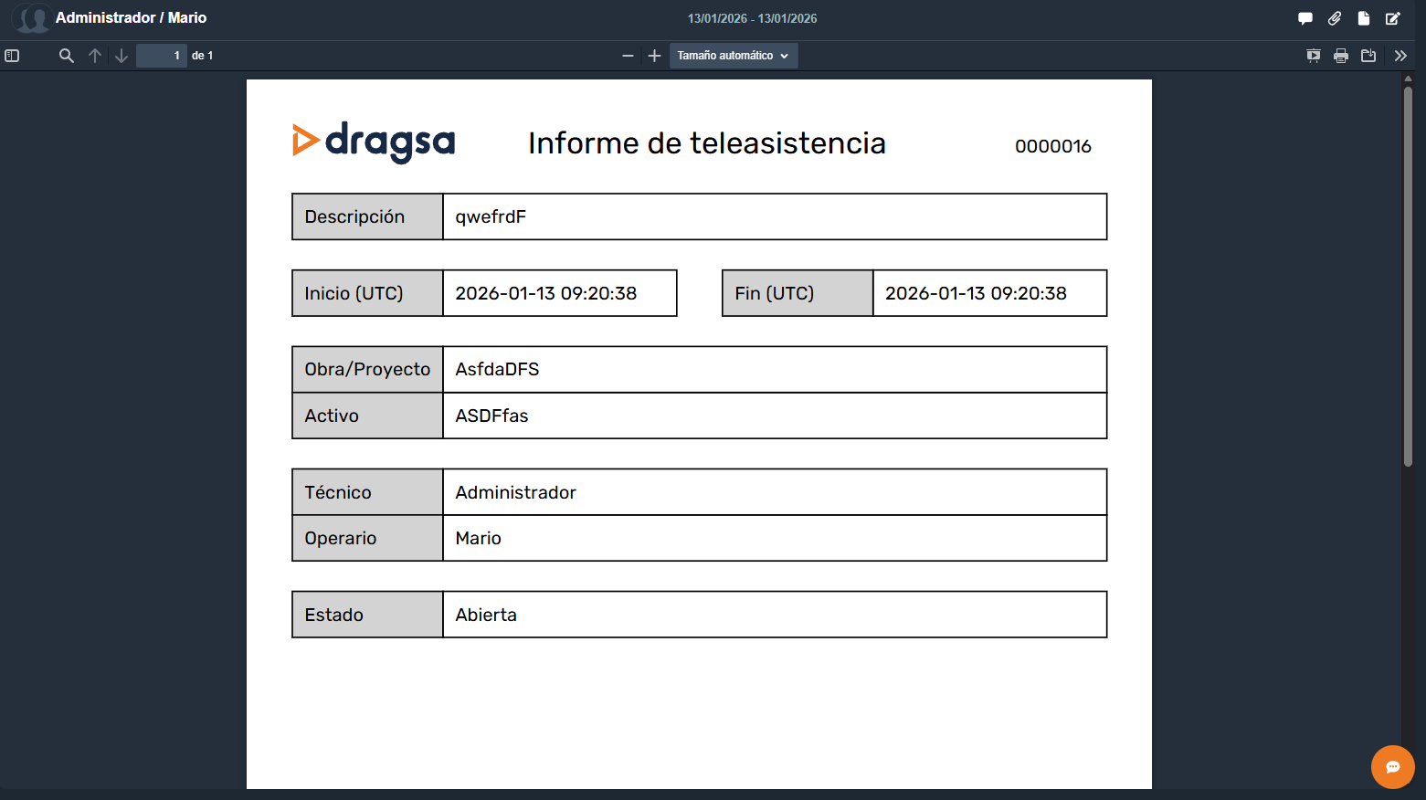 Informe teleasistencia en la interfaz gráfica de Dragsa