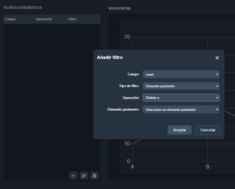 Modal para añadir o editar un filtro estadístico en el elemento línea estadística del módulo paneles de Dragsa