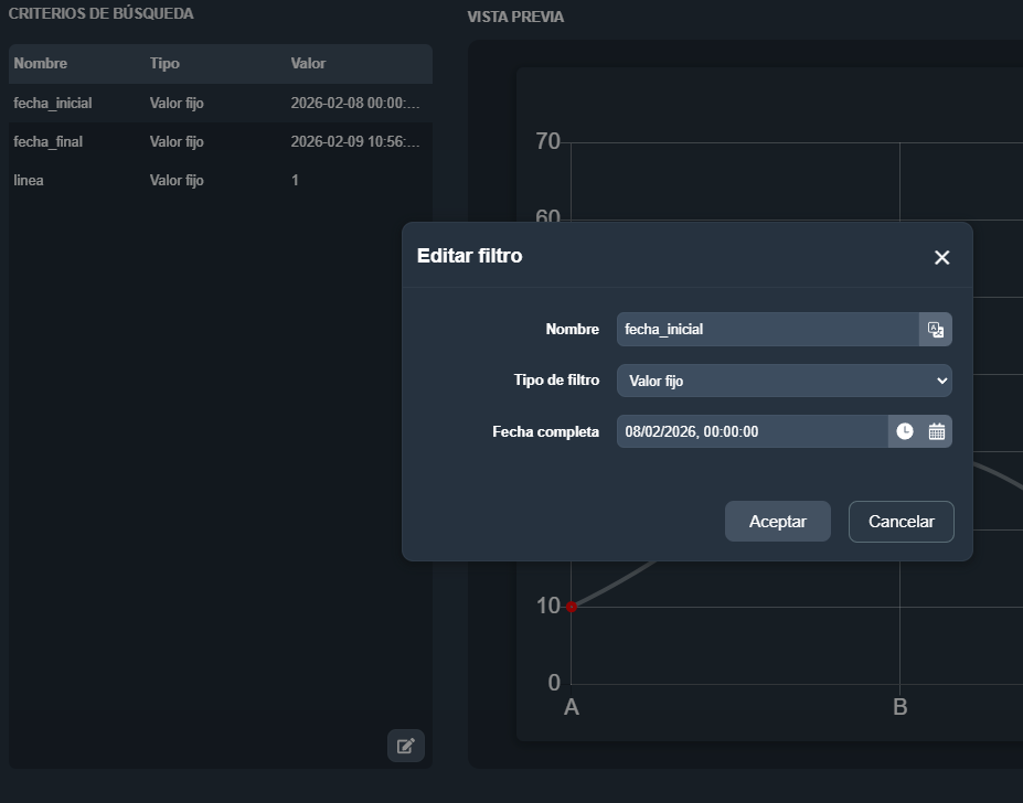 Modal de edición de un criterio de búsqueda en el elemento línea estadística del módulo paneles de Dragsa