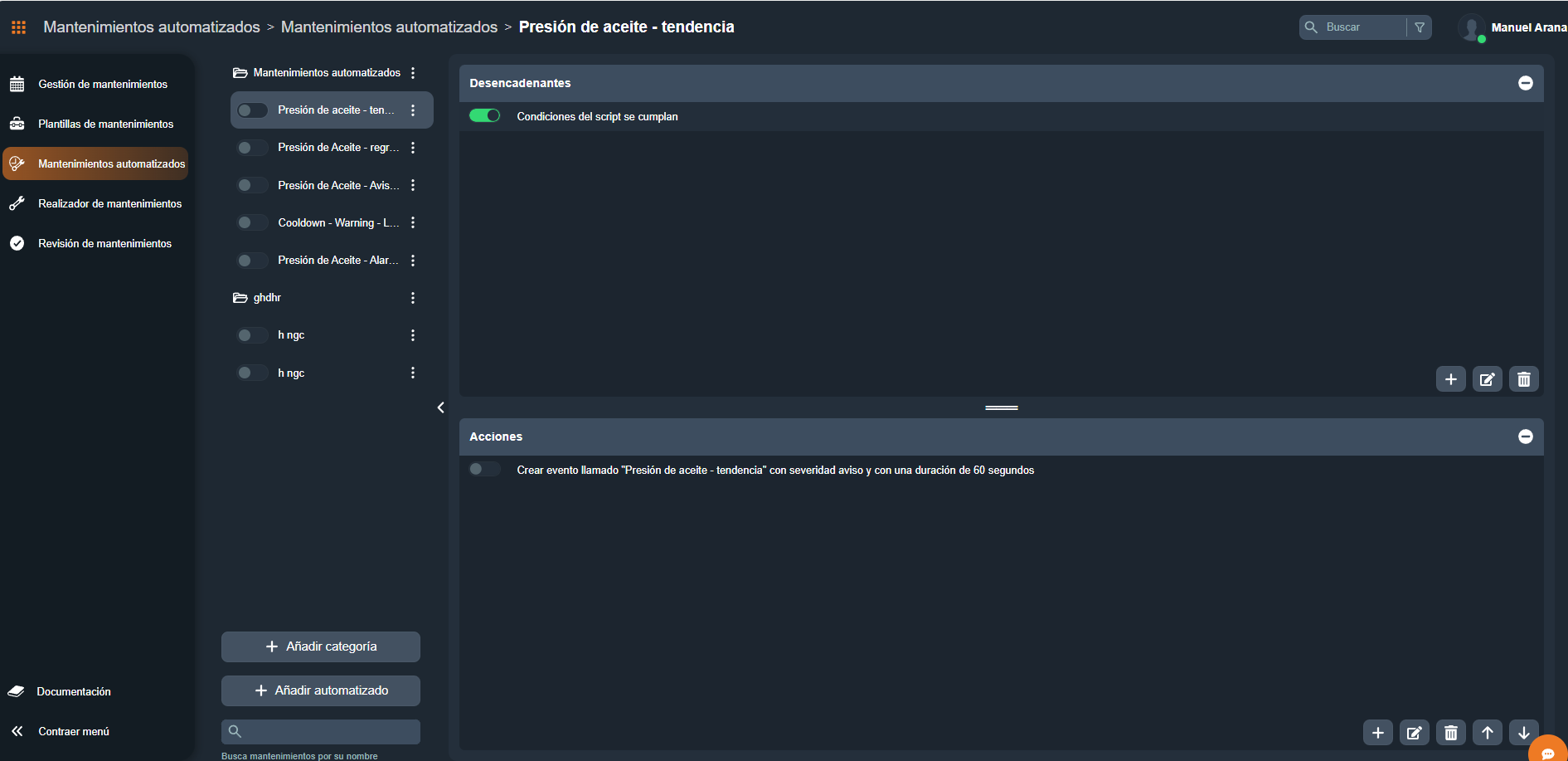 Vista general del módulo Mantenimientos automatizados con categorías, automatizados, desencadenantes y acciones
