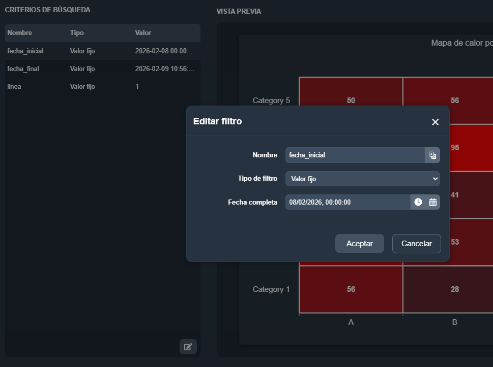 Modal de edición de un criterio de búsqueda en el elemento mapa de calor del módulo paneles de Dragsa