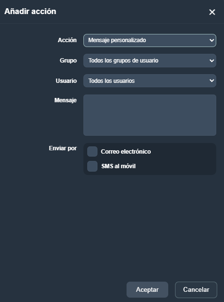 Menu crear acción en la interfaz gráfica de Dragsa