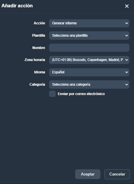Menu crear acción en la interfaz gráfica de Dragsa
