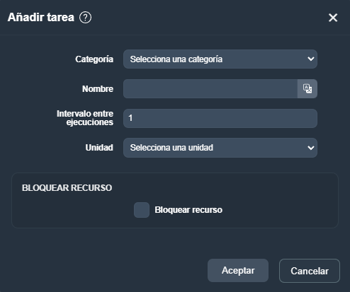 Menú añadir tarea en la interfaz gráfica de Dragsa