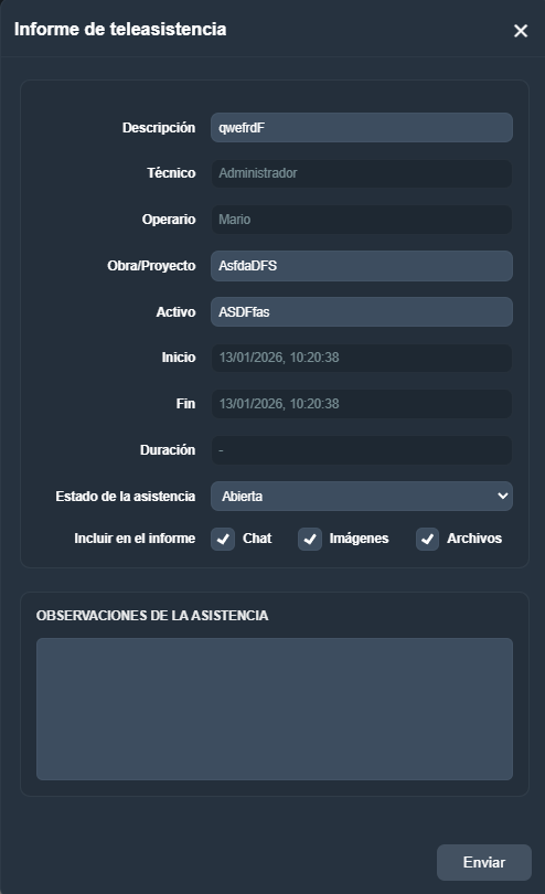 Menú configuración informe teleasistencia en la interfaz gráfica de Dragsa