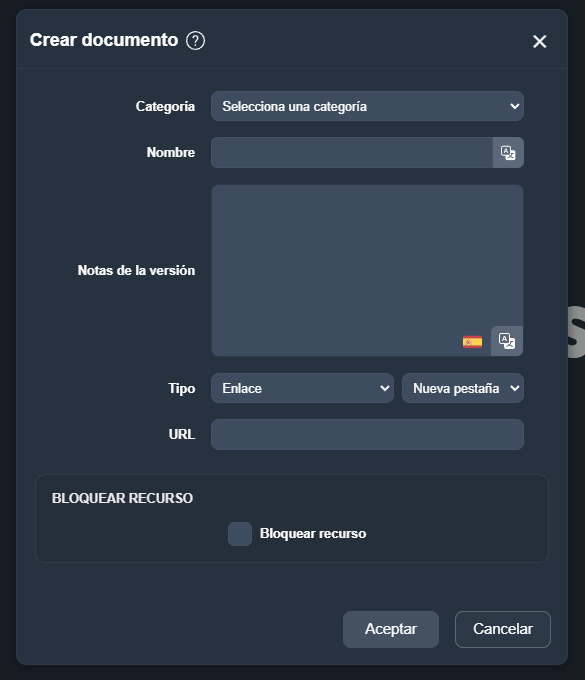Menú creación documento en la interfaz gráfica de Dragsa