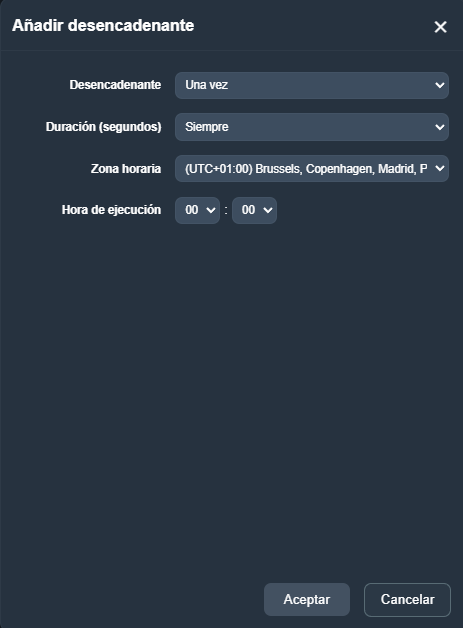 Menu crear desencadenante en la interfaz gráfica de Dragsa