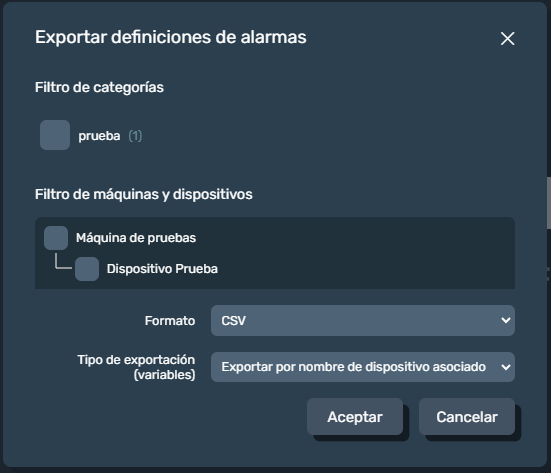 Menú exportar alarma en Dragsa