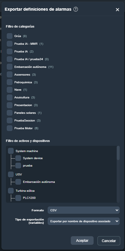 Menú exportar alarma en Dragsa