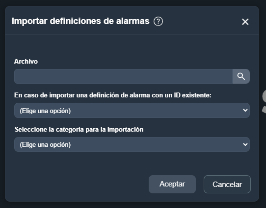 Menú importar alarma en la interfaz gráfica de Dragsa