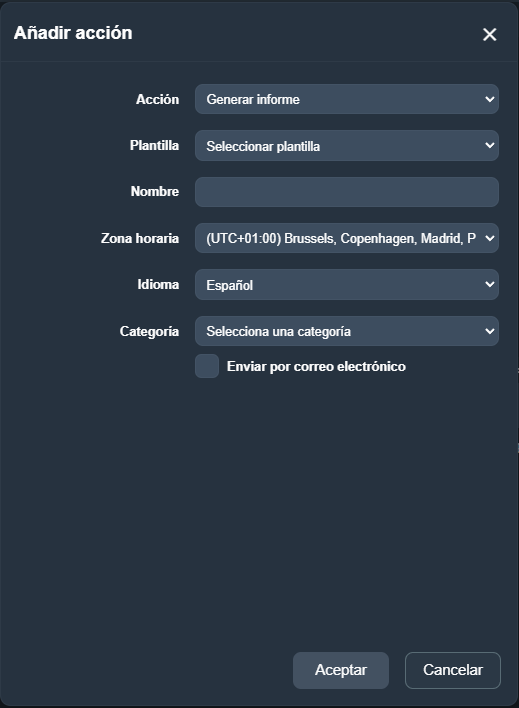 Modal Añadir acción con campos de plantilla, nombre, zona horaria, idioma, categoría y opción de envío por correo
