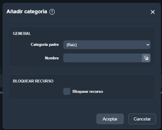 Modal Añadir categoría en el módulo Mantenimientos automatizados