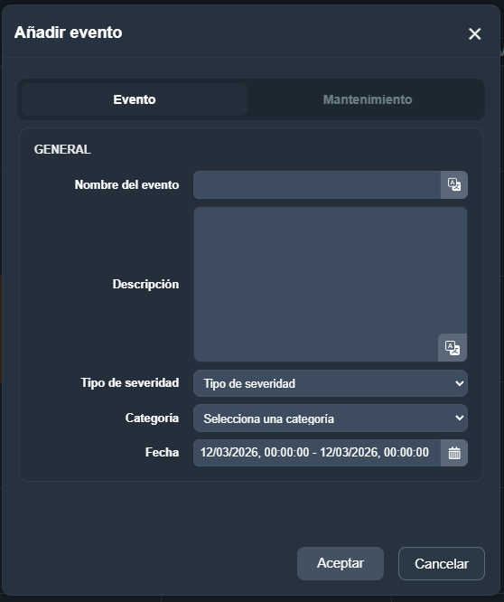 Ventana Añadir evento con pestañas Evento y Mantenimiento
