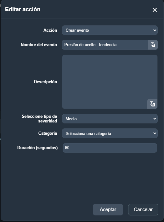 Modal Editar acción con campos como acción, nombre del evento, descripción, severidad, categoría y duración