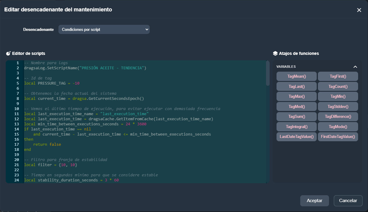 Modal Editar desencadenante con editor de scripts y atajos de funciones