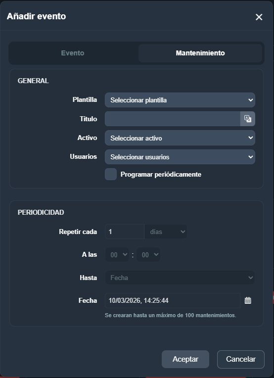 Pestaña Mantenimiento del modal Añadir evento en el módulo Gestión de mantenimiento