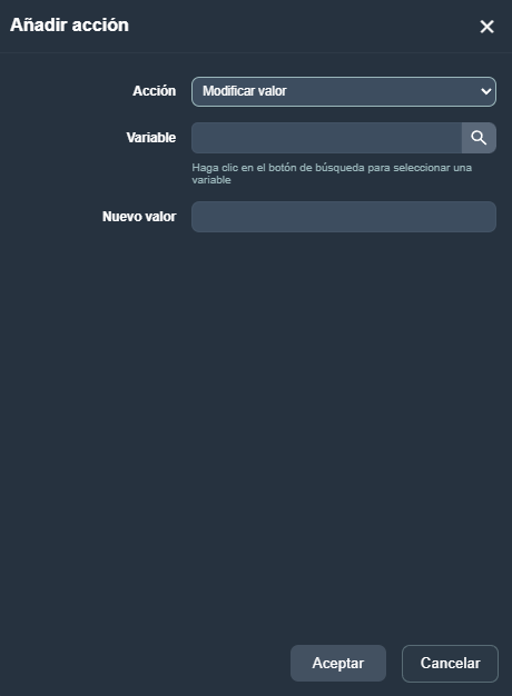 Menu crear acción en la interfaz gráfica de Dragsa