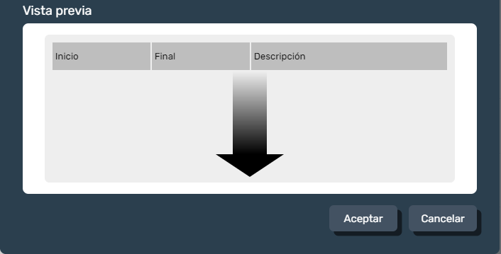 Vista previa del elemento de tabla de alarmas en modo diseño de plantillas en la interfaz gráfica de Dragsa