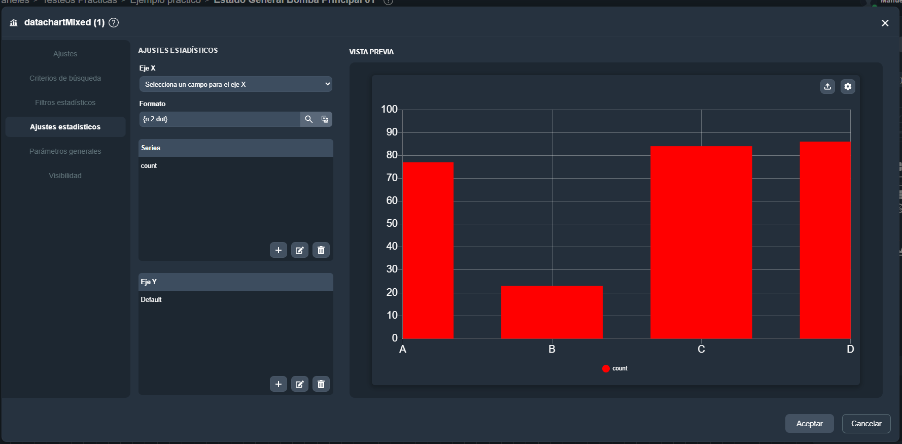 Vista de la pestaña Ajustes Estadísticos del elemento gráfica mixta en el módulo paneles de Dragsa