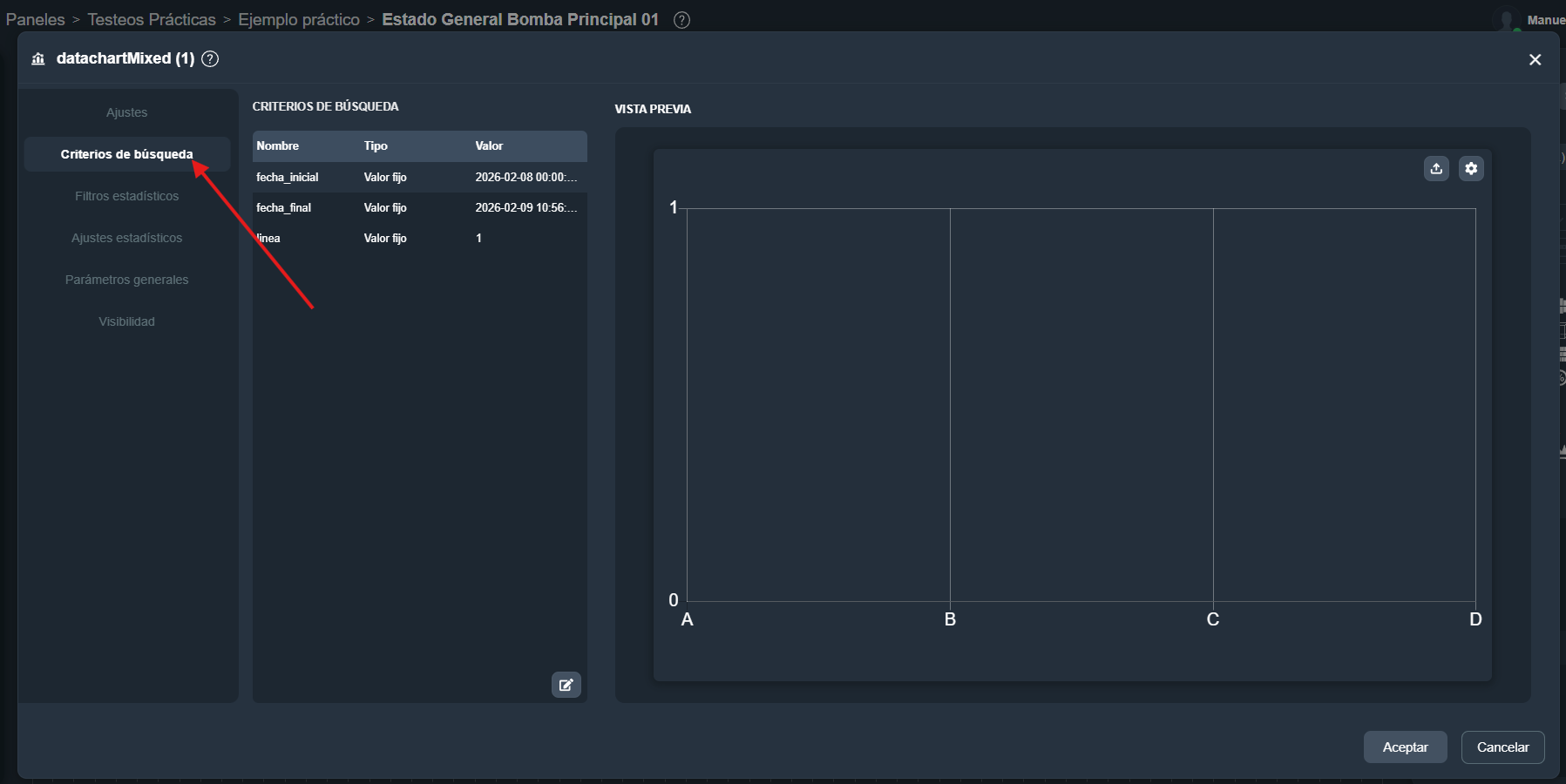 Criterios de Búsqueda del elemento gráfica mixta en el módulo paneles de Dragsa