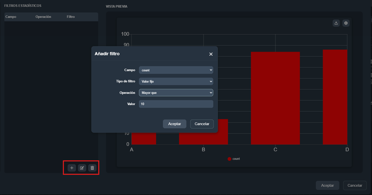 Ventana de creación o edición de filtros estadísticos en el elemento gráfica mixta del módulo paneles de Dragsa