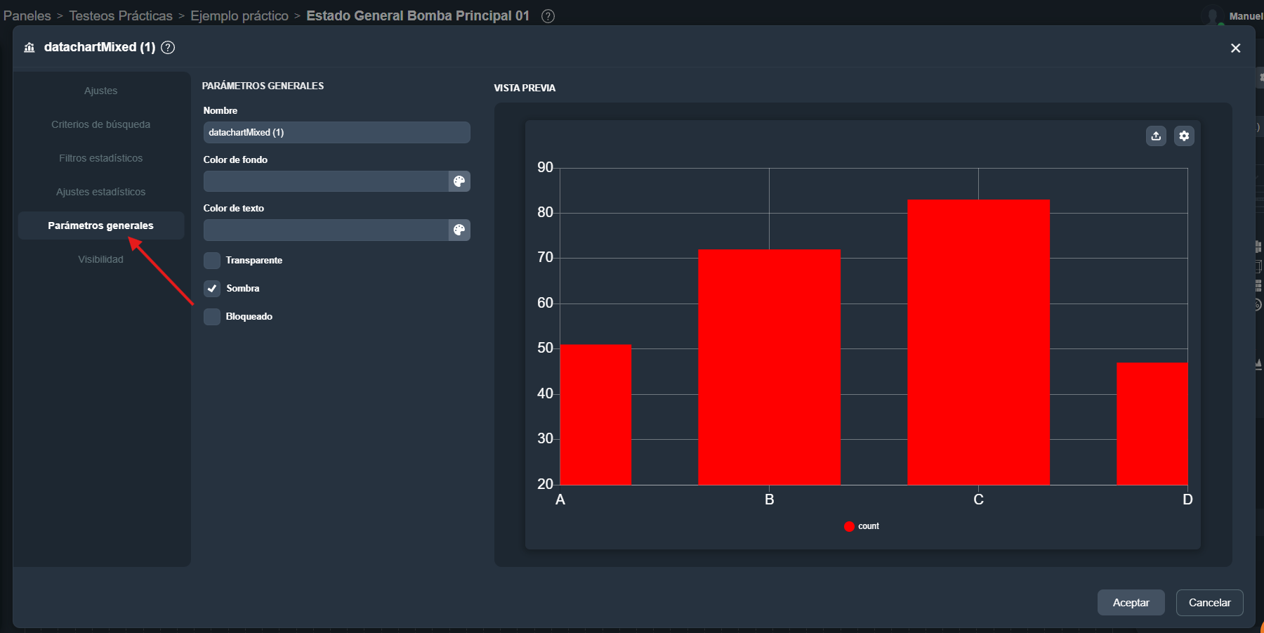 Pestaña Parámetros generales del elemento gráfica mixta en el módulo paneles de Dragsa