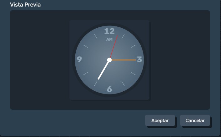 Vista previa del elemento reloj en paneles de la interfaz gráfica de Dragsa