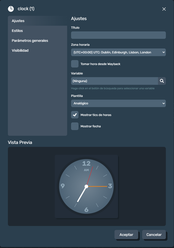 Parámetros del elemento reloj en paneles de la interfaz gráfica de Dragsa