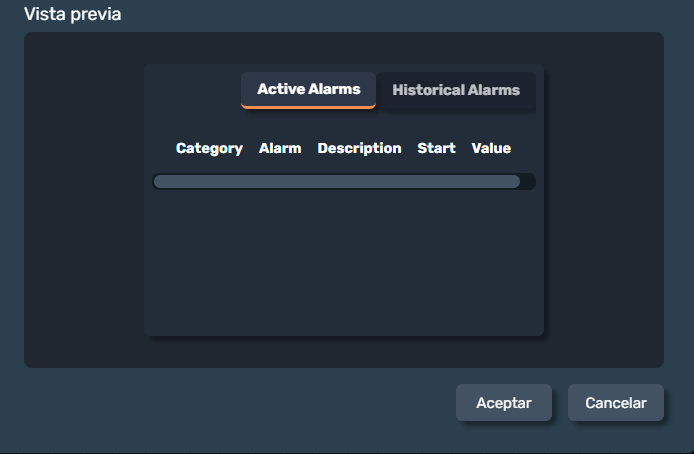 Vista previa tabla de alarmas en paneles de la interfaz gráfica de Dragsa