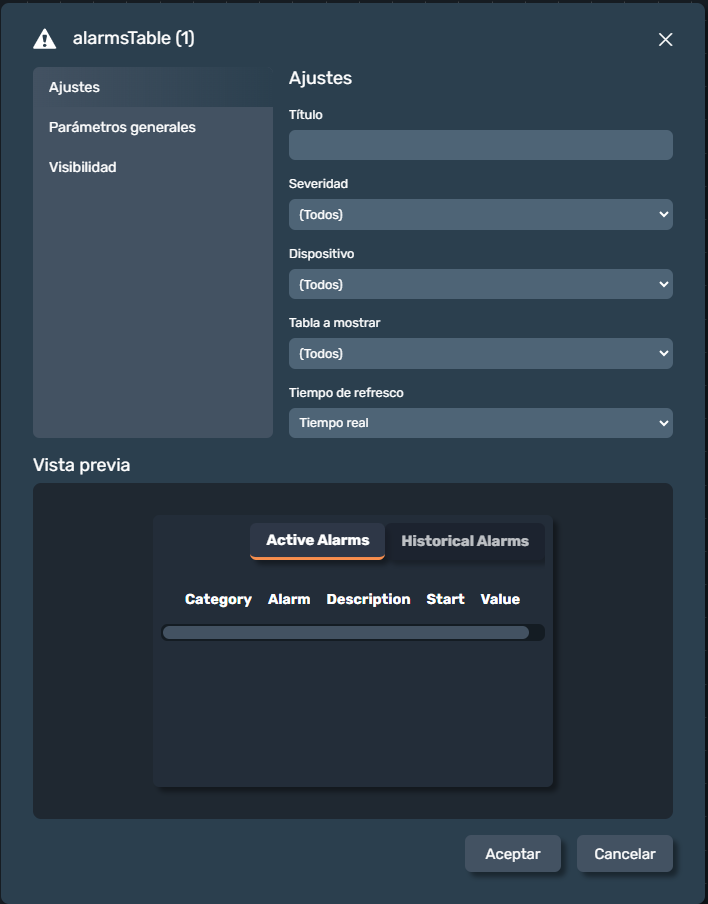 Parámetros del elemento tabla de alarmas en paneles de la interfaz gráfica de Dragsa