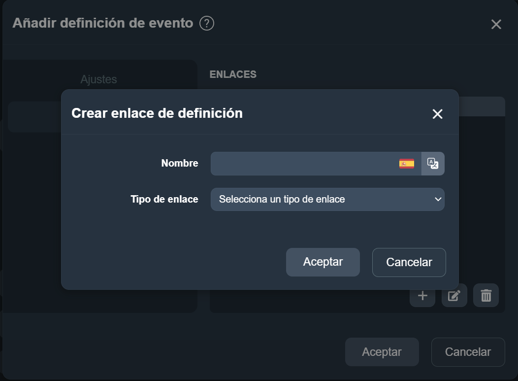 Modal para crear un nuevo enlace en la definición de un evento en Dragsa