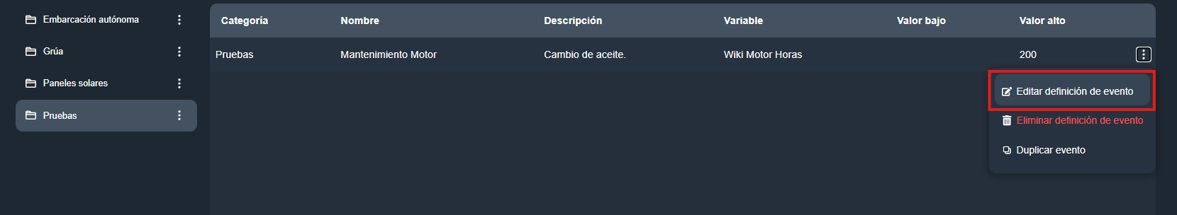 Editar evento en la interfaz gráfica de Dragsa