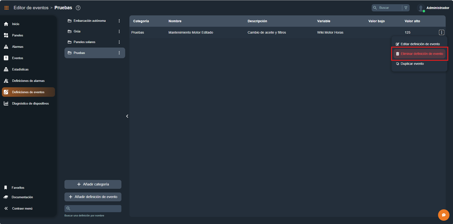 Eliminar evento en la interfaz gráfica de Dragsa