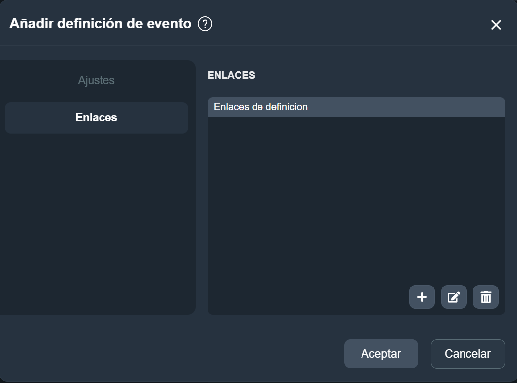 Vista general de la pestaña Enlaces en la definición de un evento en Dragsa