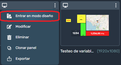 Entrar en modo diseño desde opciones del panel de la interfaz gráfica de Dragsa